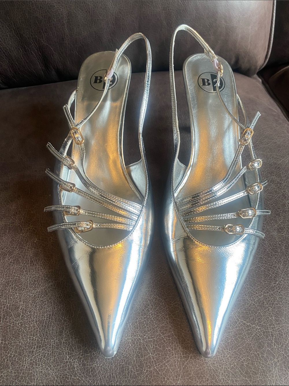 Silver Pointed Slingback Heels with Multi-Strap Accents